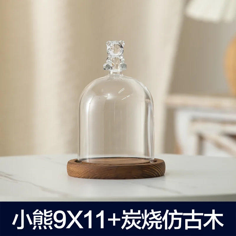 cloche verre transparent base bois bougie parfumée pinçon décoratives