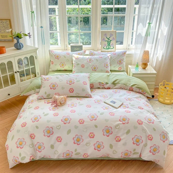 ensemble literie floral vintage 100 coton blanc rose vert bleu beige