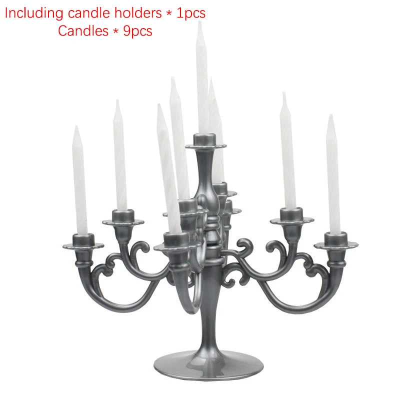 décoration anniversaire bougeoir or argent rose classique cinq branches tiges blanches base plate