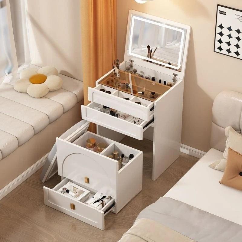 meuble coiffeuse moderne minimaliste blanc doré miroir tiroirs rangement tabouret rembourré