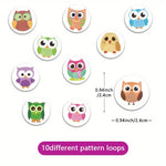 stickers autocollants hibou dessin animé vert bleu rose marron 10 motifs différents 2.4cm