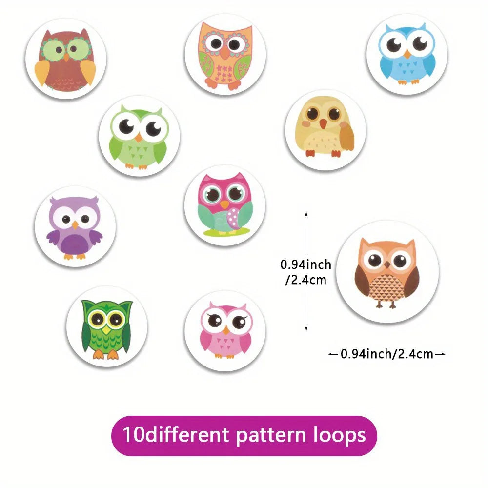 stickers autocollants hibou dessin animé vert bleu rose marron 10 motifs différents 2.4cm