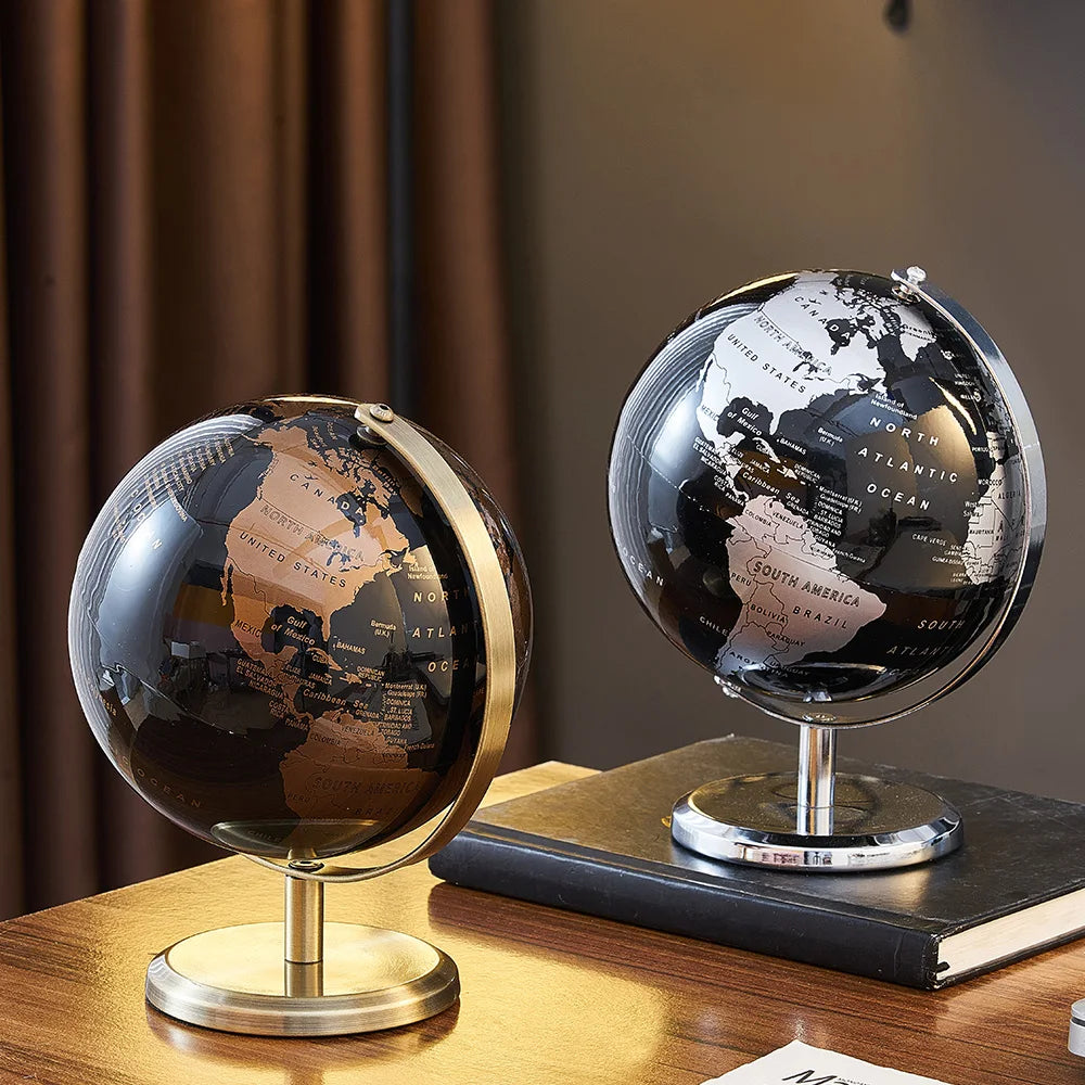 globe terrestre cartographie détaillée support métallique anneau rotatif noir doré classique élégant deco enfant