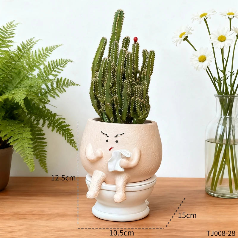 pot fleurs résine forme toilette cactus plante verte dessin animé humoristique original decoration maison