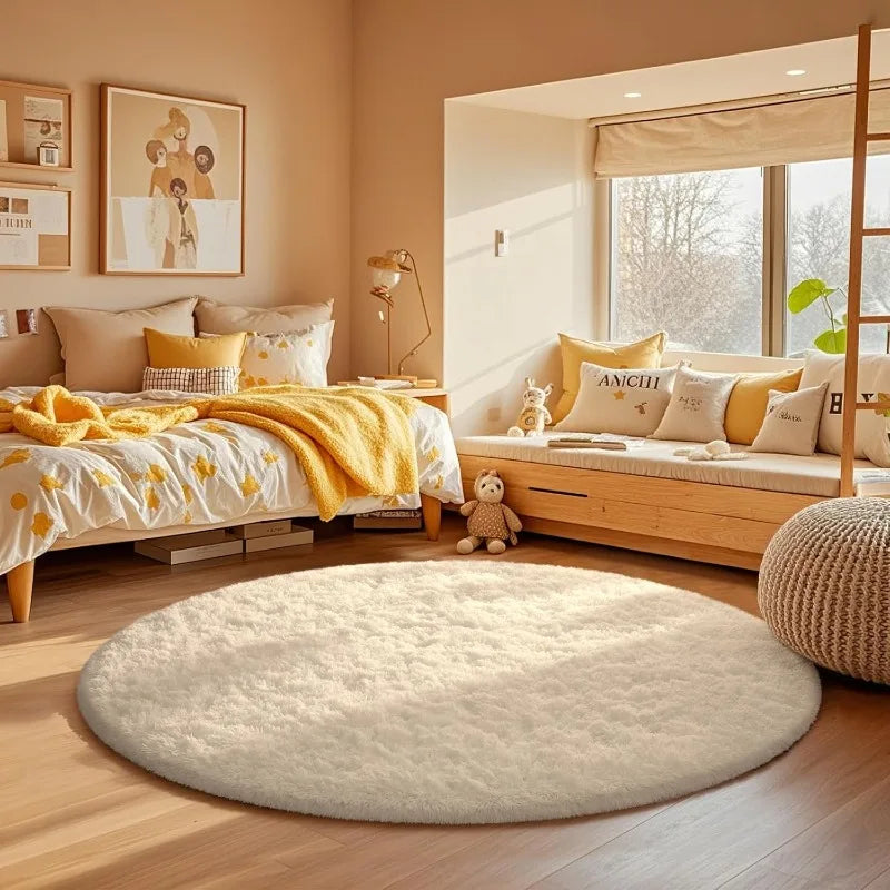 tapis rond doux fourré beige clair moderne chambre salon décoration maison
