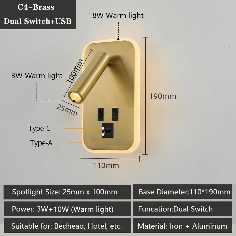 applique murale led moderne ports usb lampes lecture réglables chambre étude