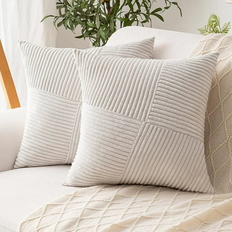ensemble coussin décoratif vert olive rayures horizontales moderne velours côtelé patchwork canapé