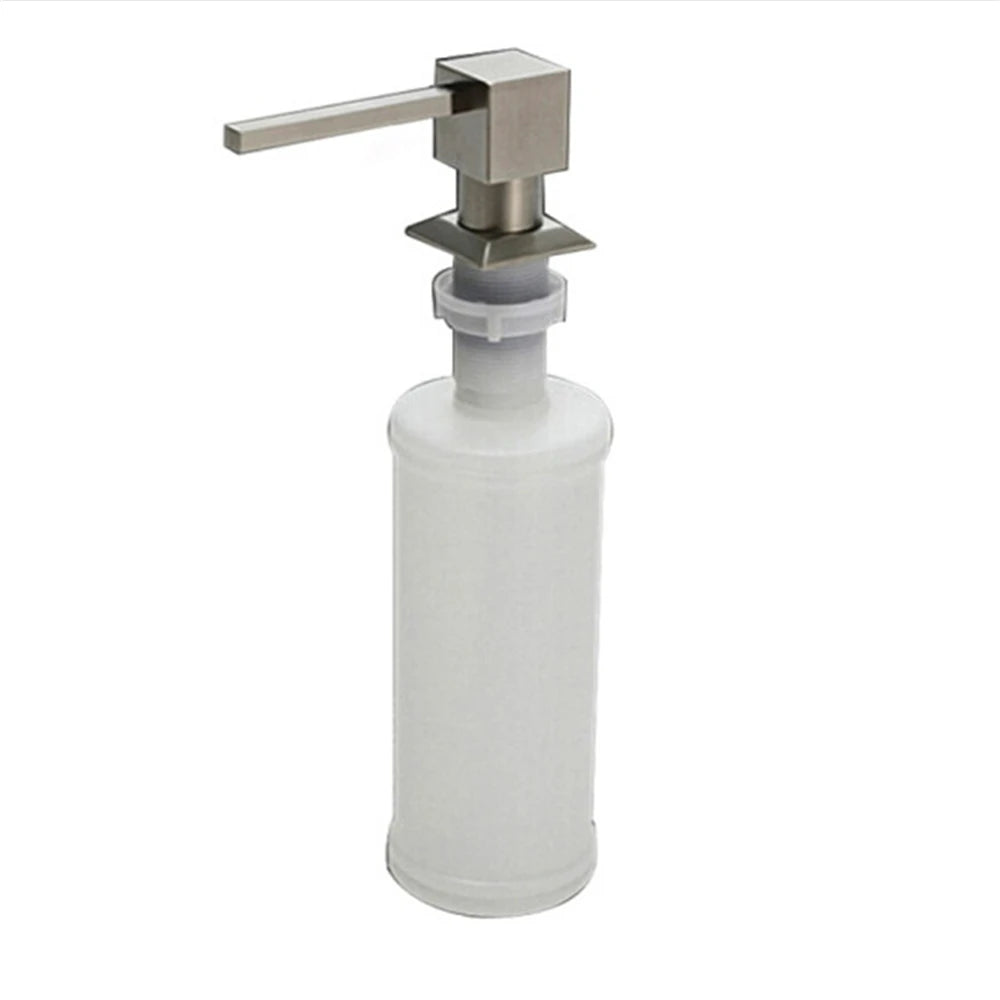 distributeur savon liquide argenté noir moderne fixation bouteille blanc grille taille tuyau transparent bouchon