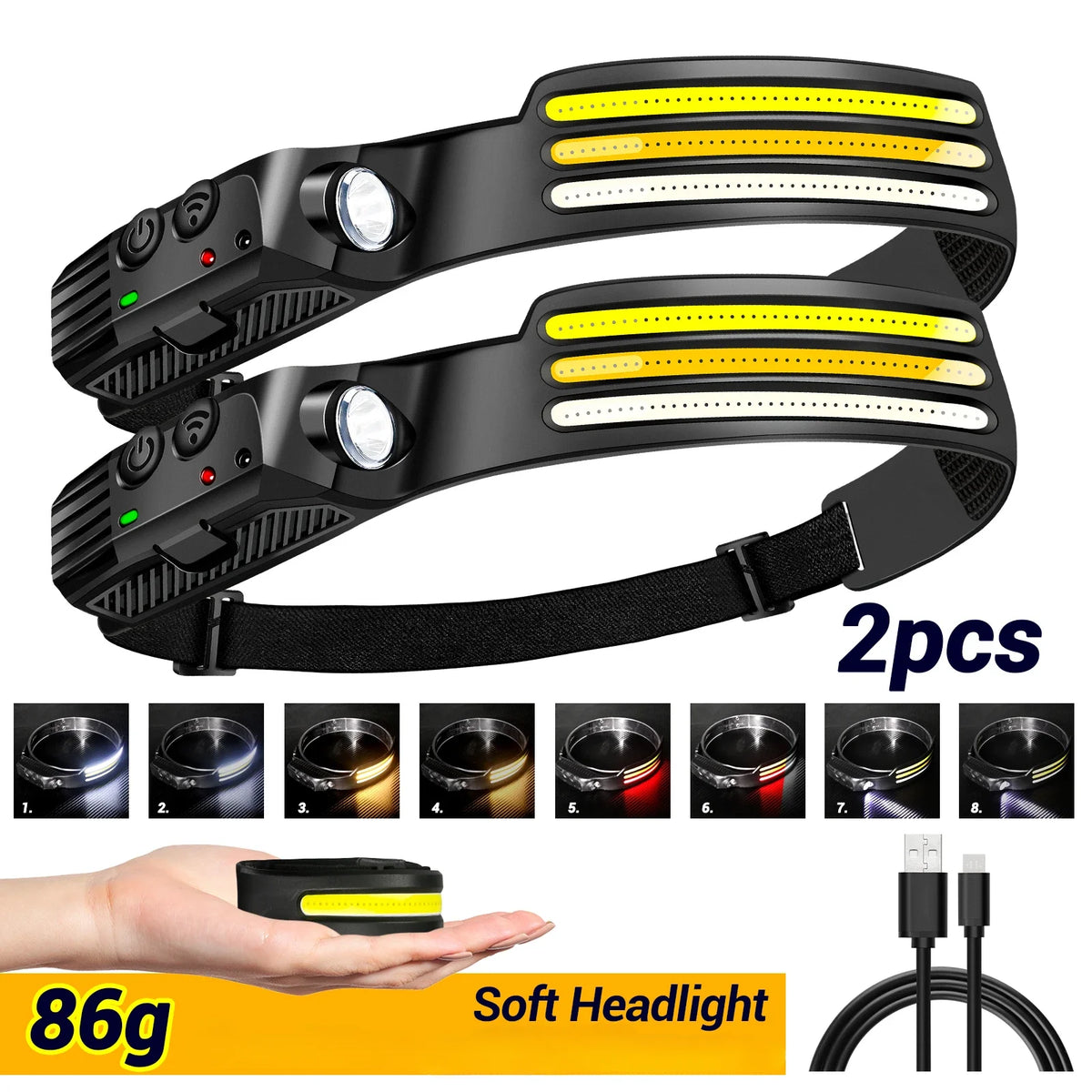 lampe frontale rechargeable led noir jaune blanc rayures moderne compact ceinture camping