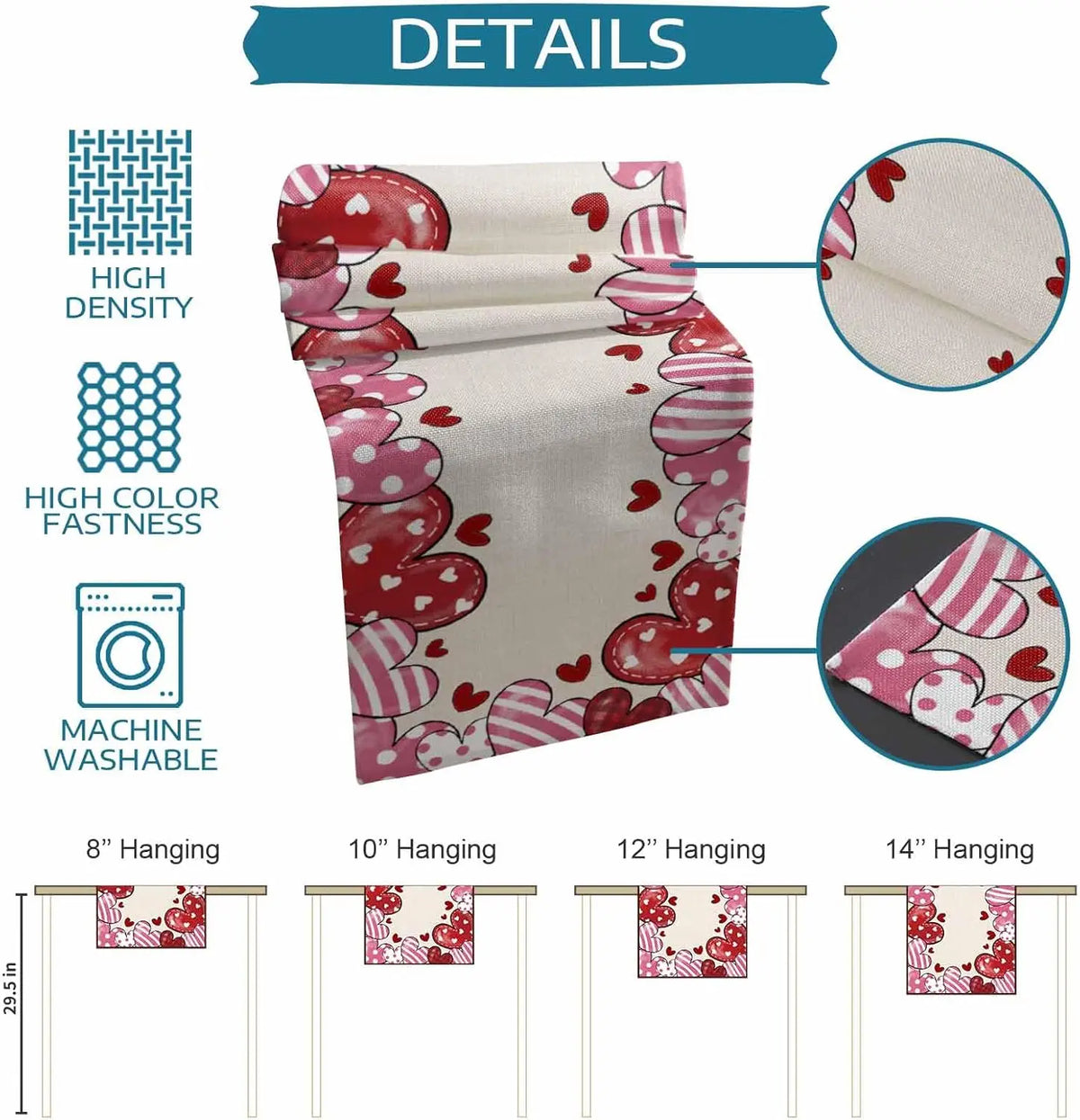 Motif de fleurs et de cœurs dans les tons de rouge et de rose sur un fond clair, avec différentes tailles de suspensions adaptées à l'ameublement.