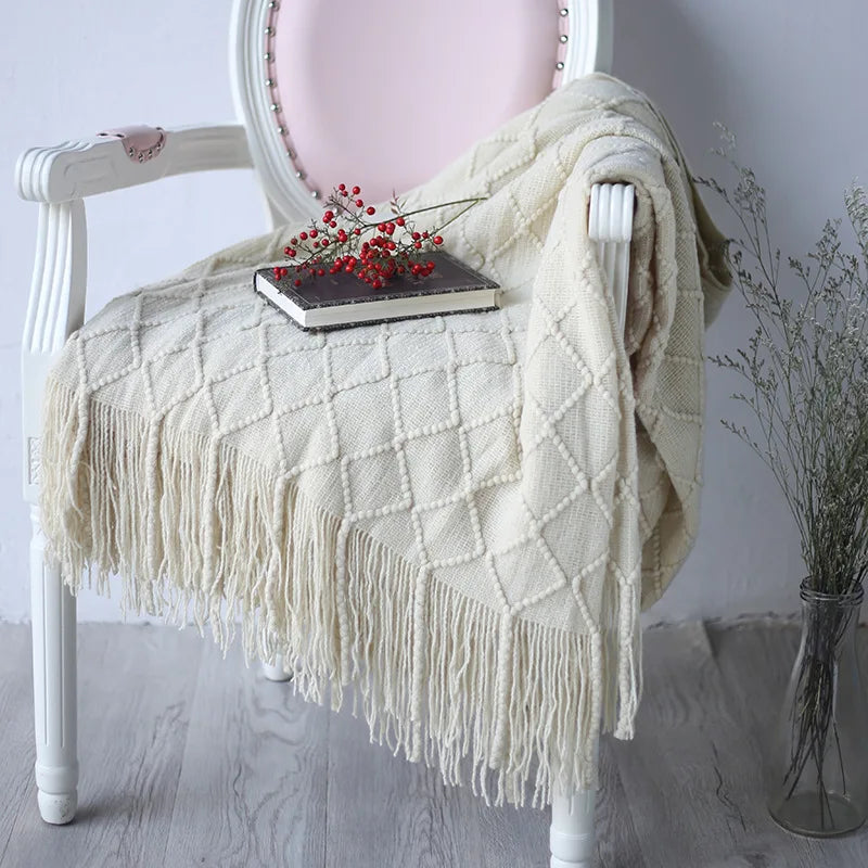 plaid motif losange franges couleurs rose beige vert gris chambre décoration hiver cozy champêtre