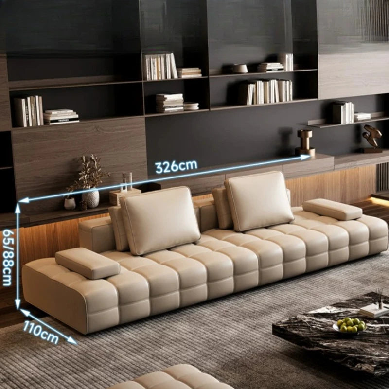canapé d'angle deux places cuir moderne beige clair coussins repos pieds salon minimaliste