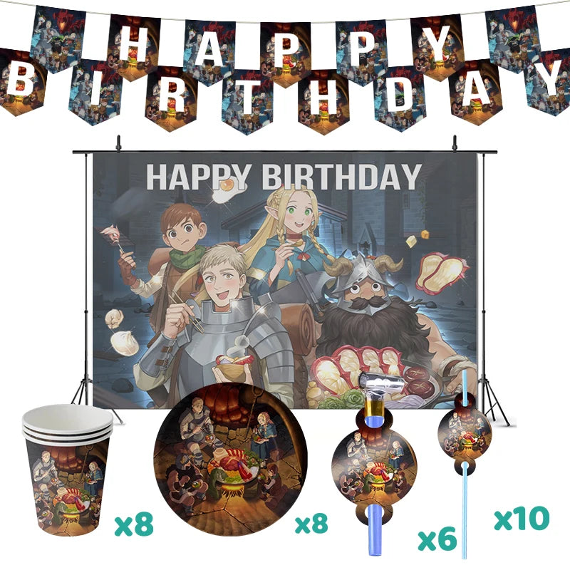 bannières festives dessins animés gobelets pailles assiettes multicolores personnages opaques anniversaire clips