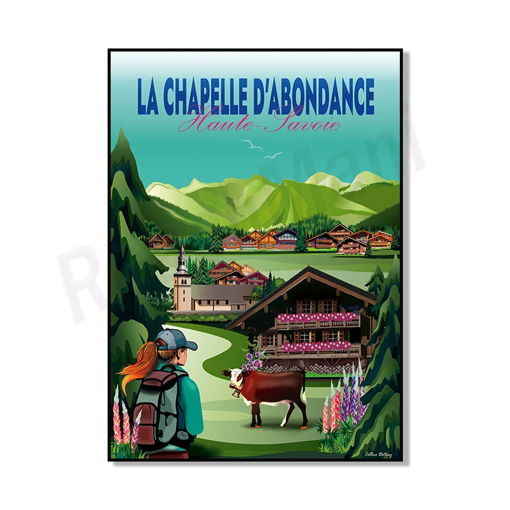 Une affiche colorée représentant un paysage montagneux avec un village traditionnel et une femme tenant un chien, sous le titre "La Chapelle d'Abondance".