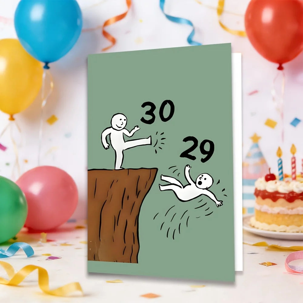 carte postale anniversaire humoristique vert clair cartoon personnages numéros 29 30 enveloppe rouge fixations