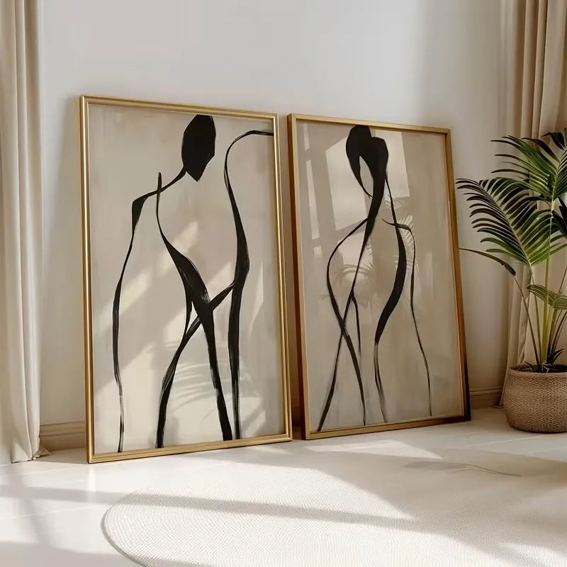 deux tableaux abstraits figures humaines noir beige minimaliste moderne decoration salon chambre tissu toile