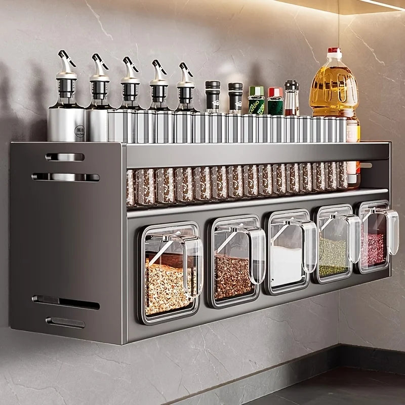 étagère murale adhésive moderne gris épices condiments boîtes transparentes couvercle rangement cuisine sans perçage