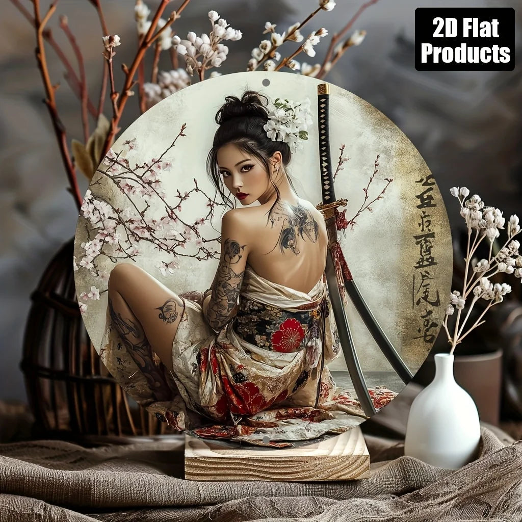 plaque décorative circulaire art japonais femme tatouages vêtements traditionnels fleurs cerisier pré perçus 20cm