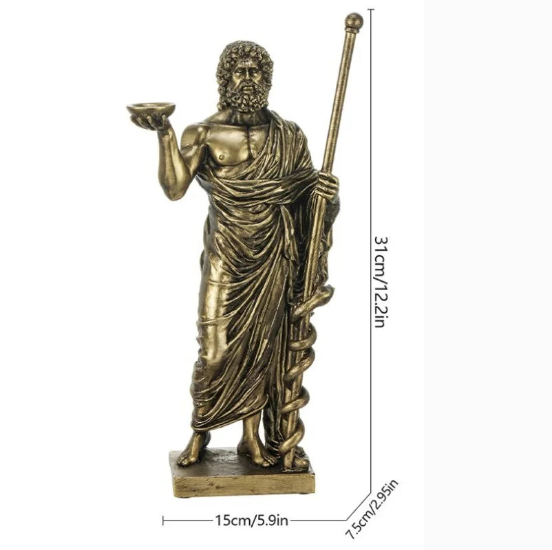 statue résine homme barbu asclépios bol serpent caducée bronze doré décoration maison antique