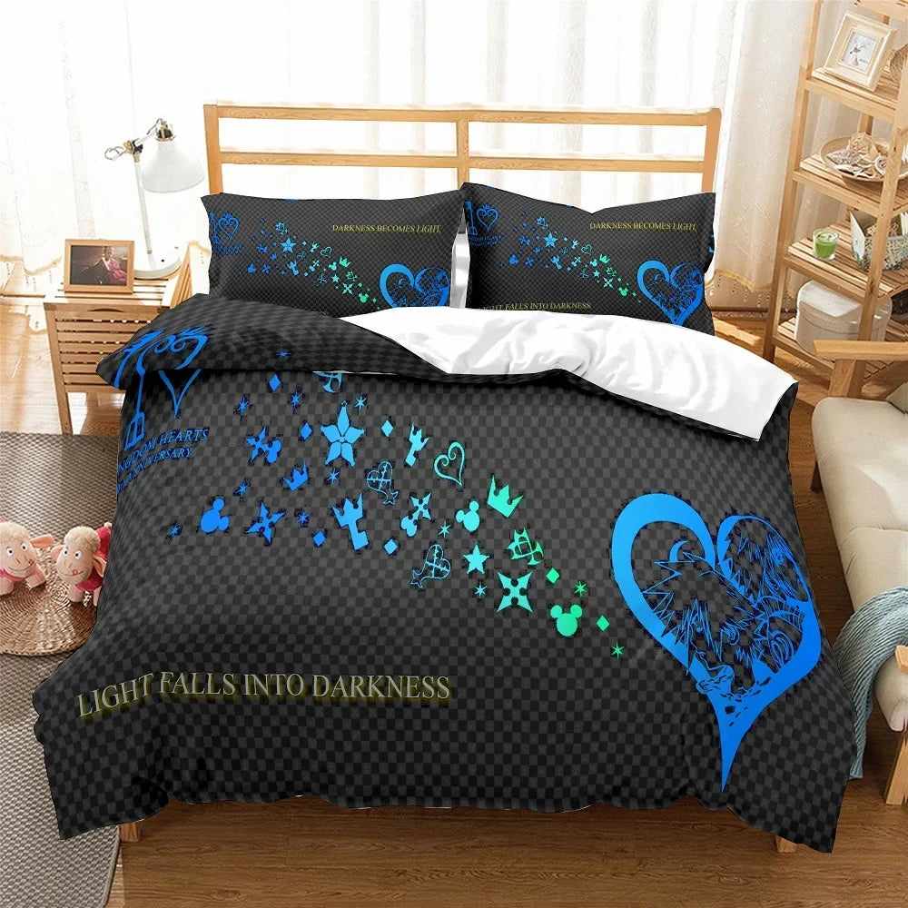 ensemble couette motif cœur étoiles jeu vidéo noir bleu blanc or king size twin