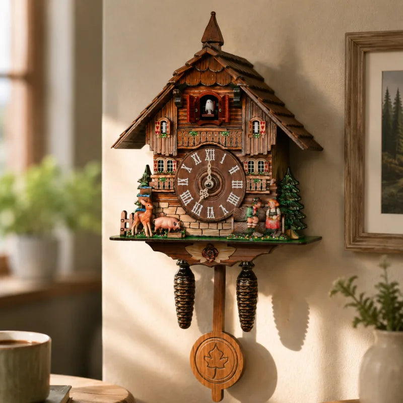 horloge coucou murale rustique bois sculpté figurines animales salon chambre coucher