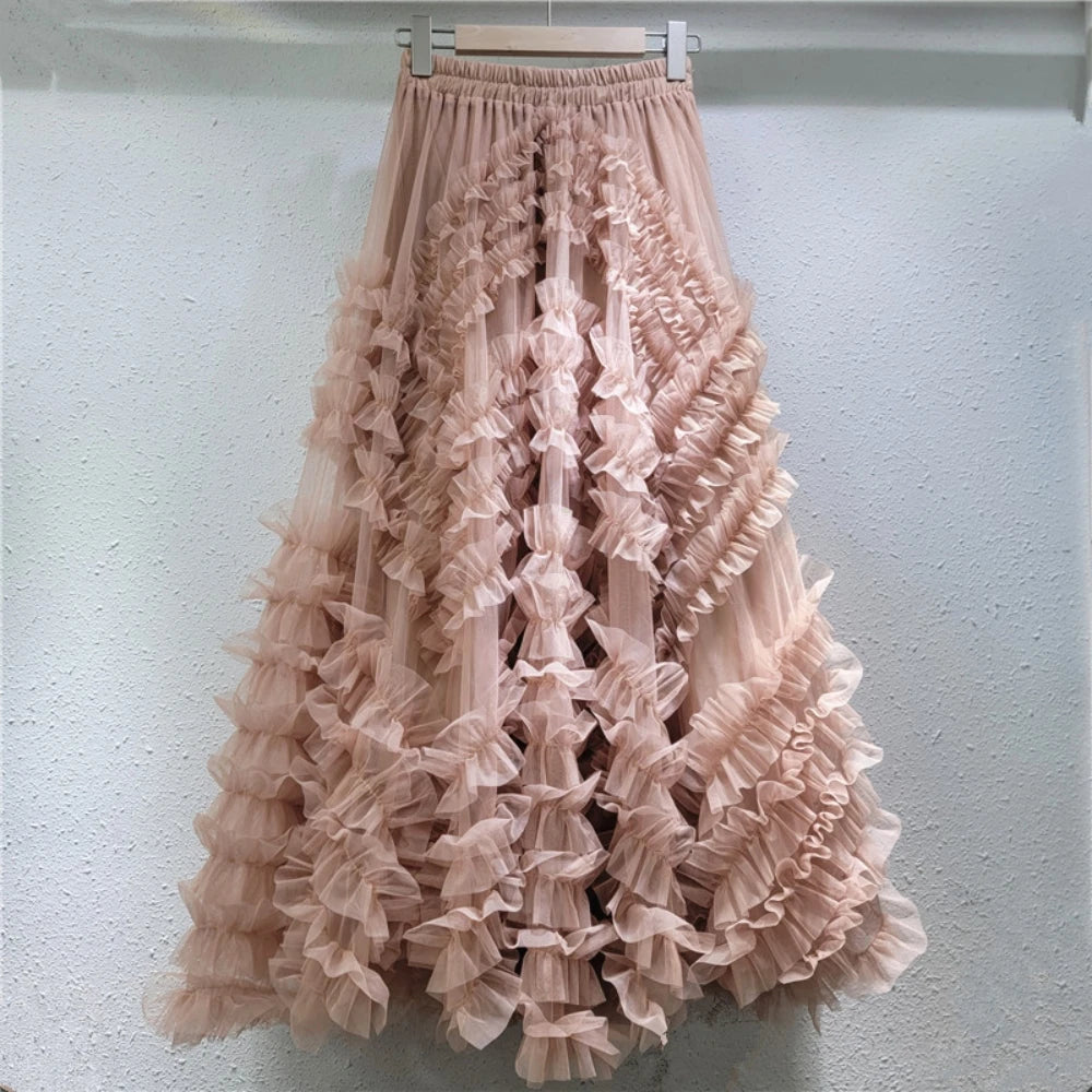 jupe crème rose volants superposés élégante romantique élastique cheville féerique féminine printemps été
