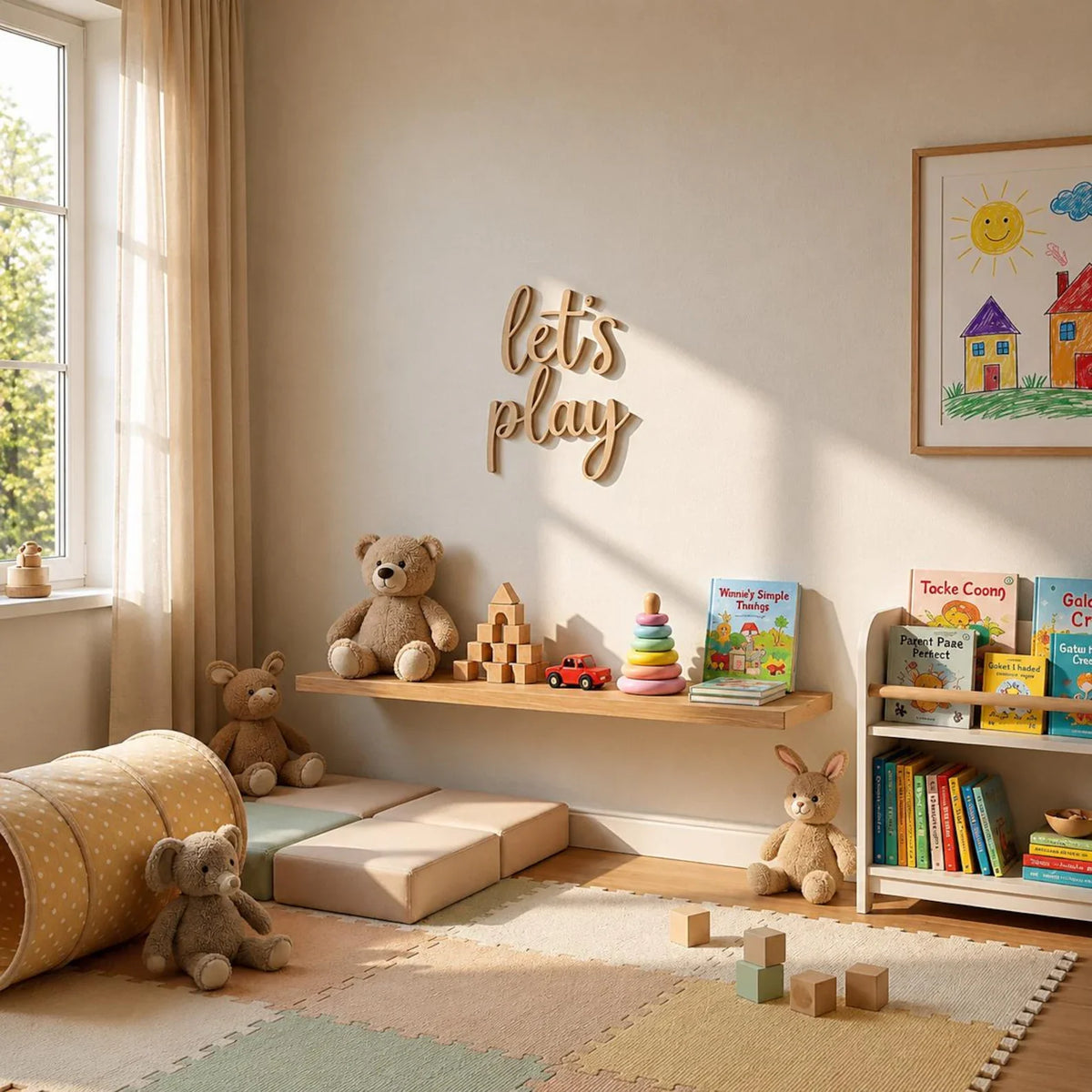 décoration murale bois let's play chambre enfant ours peluche motifs colorés moderne