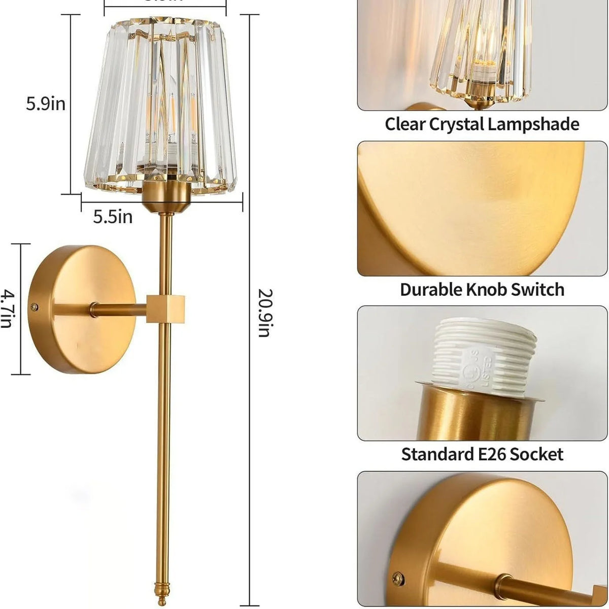 applique murale led or moderne abat jour transparent cristal élégante interrupteur rotatif chambre salon