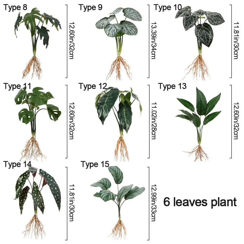 ornement décoration intérieure plante artificielle feuilles larges racines visibles vert foncé points blancs