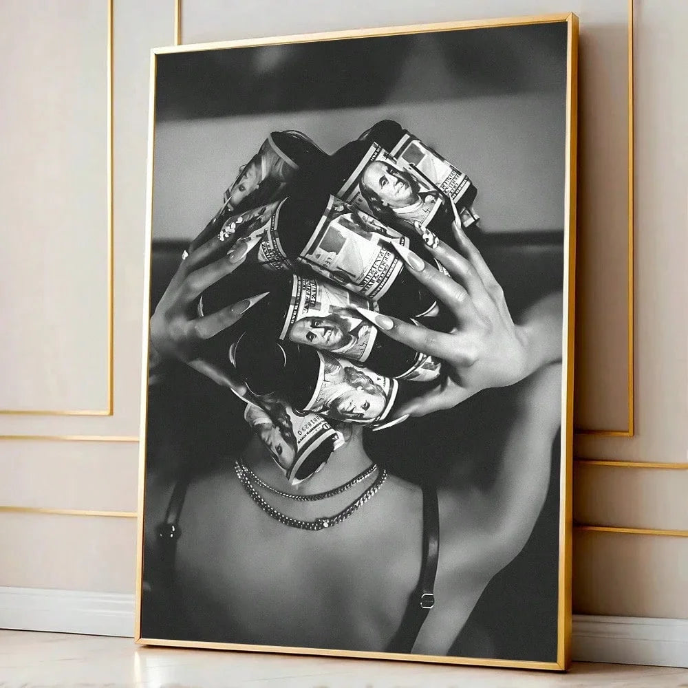 impression toile abstraite personne masquée billets banque contemporaine provocante noire blanche maison