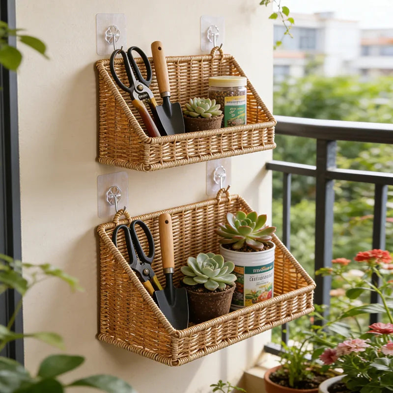 paniers muraux suspendus tressés bohème rangement cuisine salon plantes outils cosmétiques minimaliste