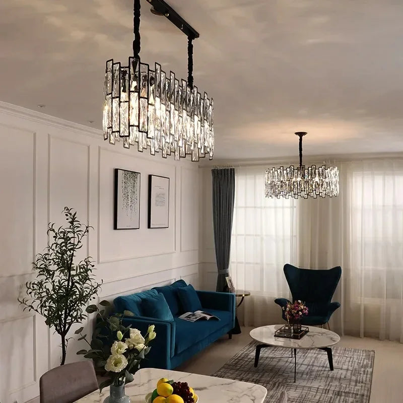 lustre cristal moderne transparent noir brillant salon restaurant haute gamme echangement chainemeta