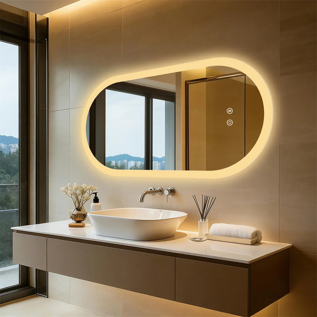 miroir lumineux ovale éclairage led moderne anti buée blanc beige gris