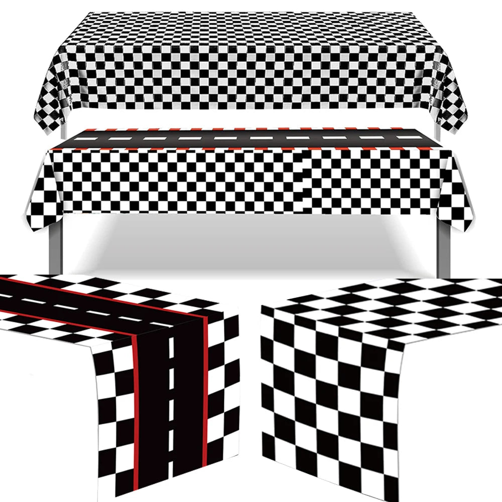 nappe table course auto carreaux noir blanc rouge fête anniversaire enfants opalescente imitation route