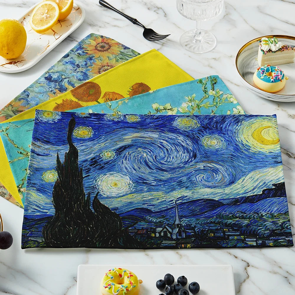serviettes table lin classiques peintures célèbres nuit étoilée tournesols assiettes verres vin
