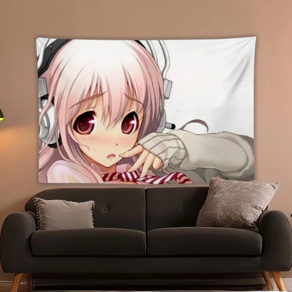 tapisserie murale anime illustration fille écouteurs fond géométrique blanc rose gris beige
