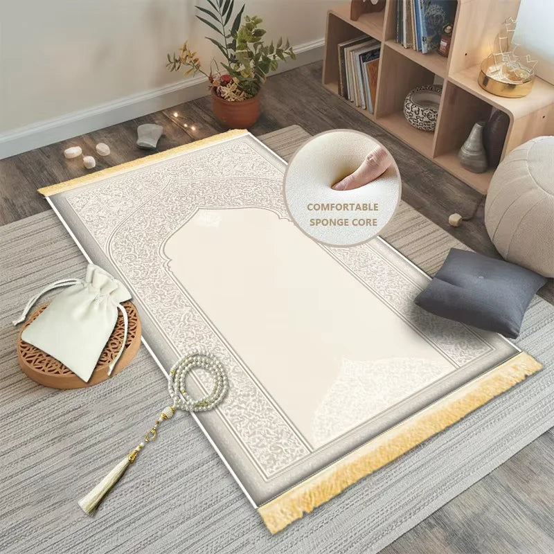 tapis prière polyester antidérapant ornements floraux beige doré classique traditionnel adultes