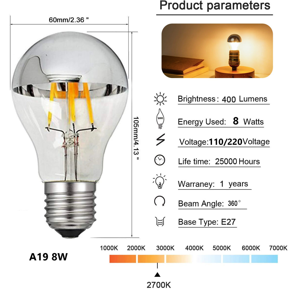 ampoule led filament doré effet miroir culot e27 vintage transparente argentée 25000h 8w 220v
