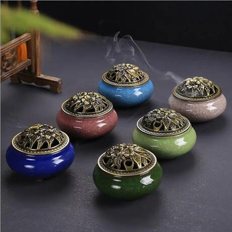 bougeoir encens poterie artisanal texture craquelée couleurs rouge vert bleu noir jaune vintage cendrier