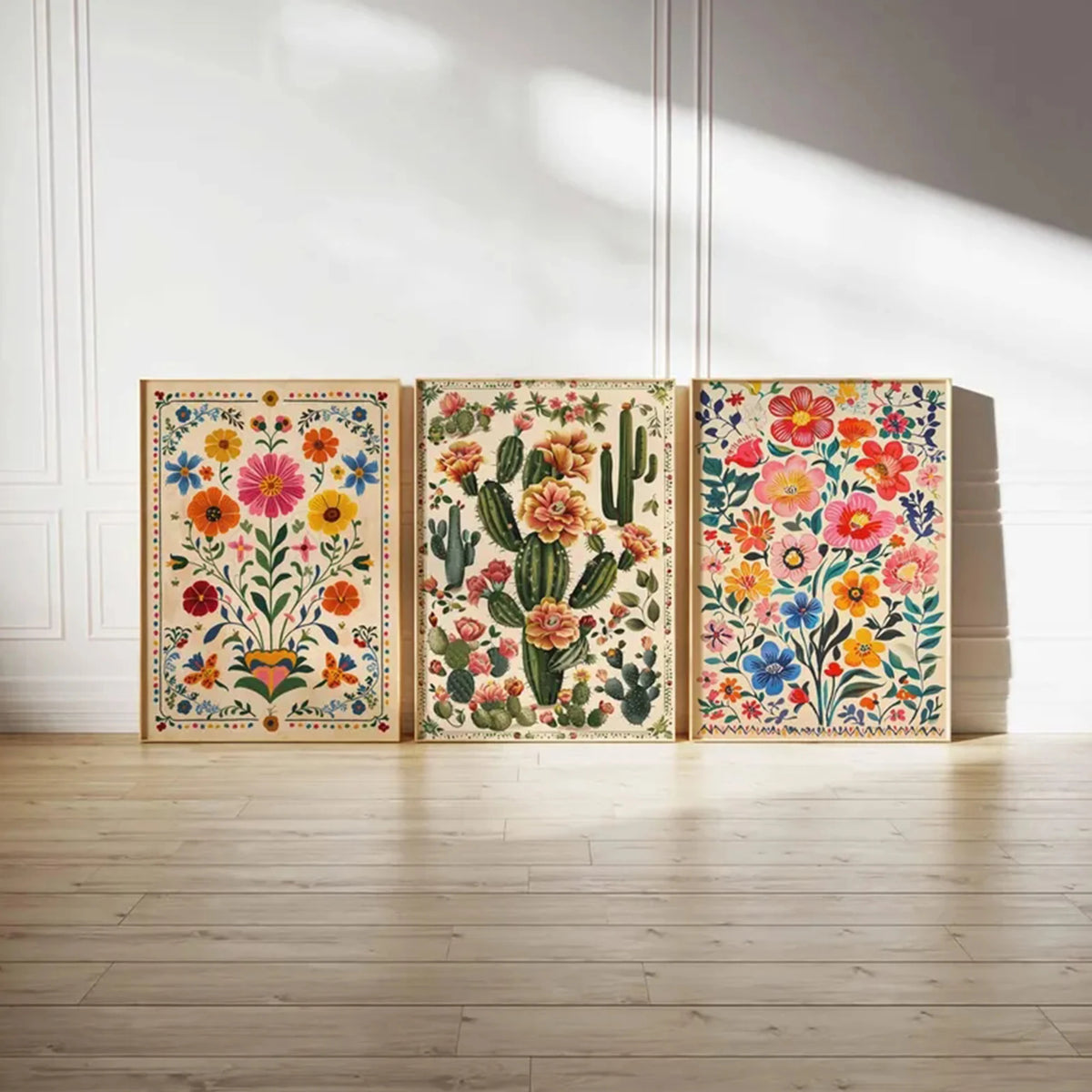 affiches murales multicolores motifs fleurs cactus artisanal clips fixation salon chambre coucher