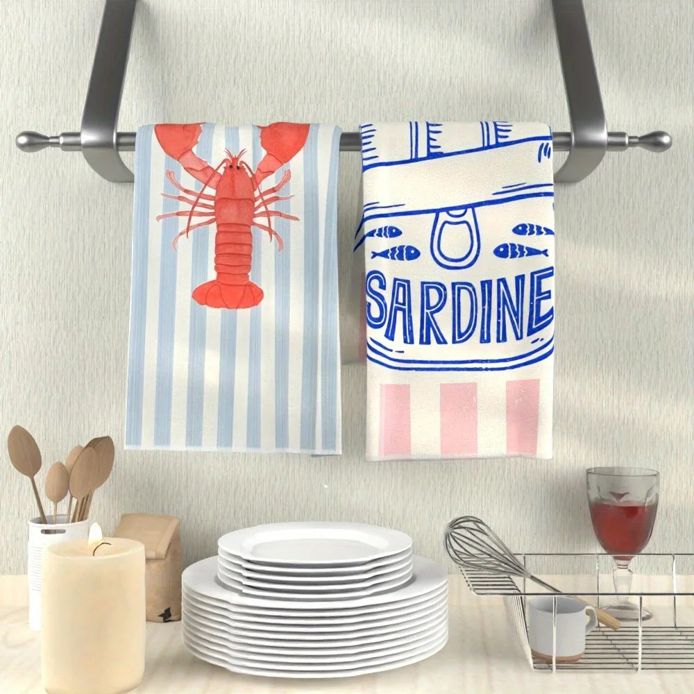 serviettes cuisine rétro rayées homard sardine super absorbantes 40cmx60cm décoration marine rustique essentiels cuisine