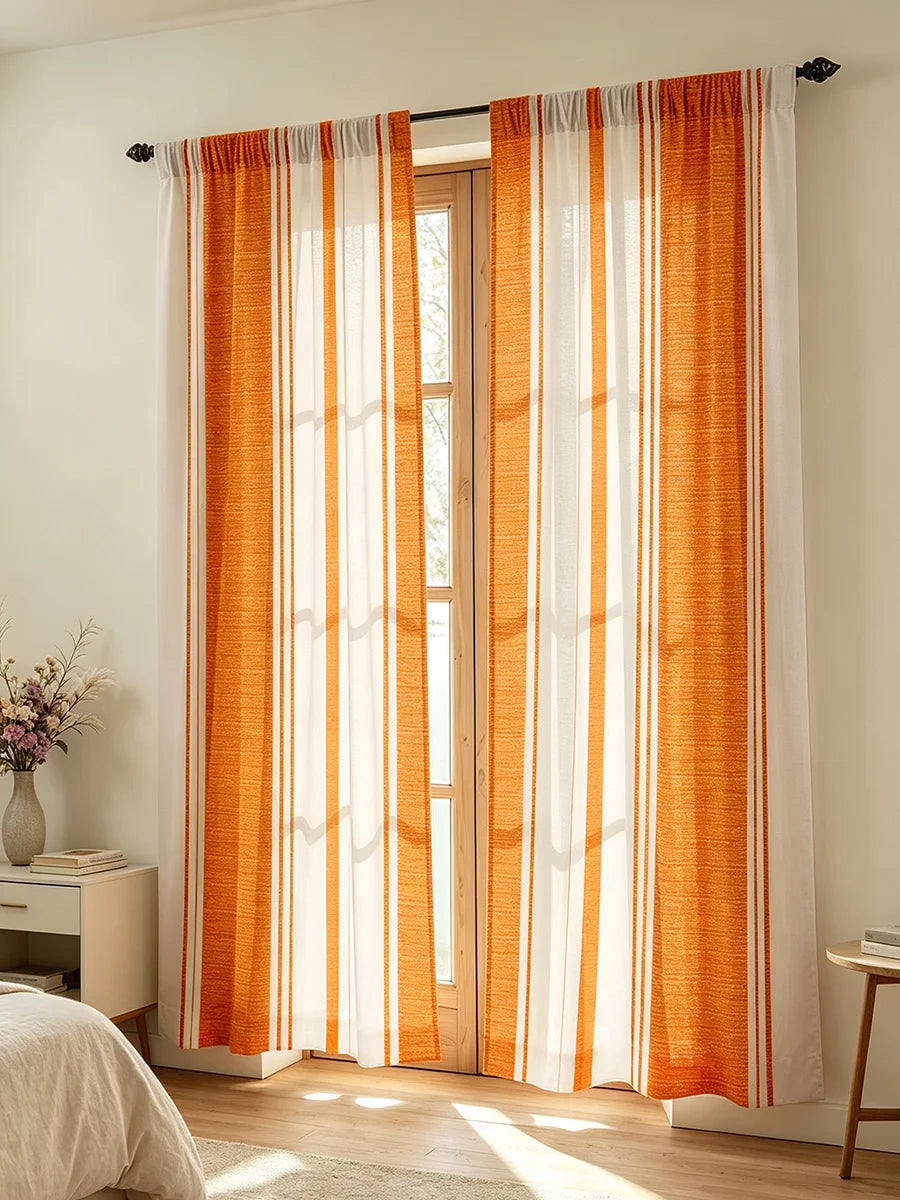 rideau vertical rayures orange blanc moderne minimaliste deux pièces salon translucent polyester