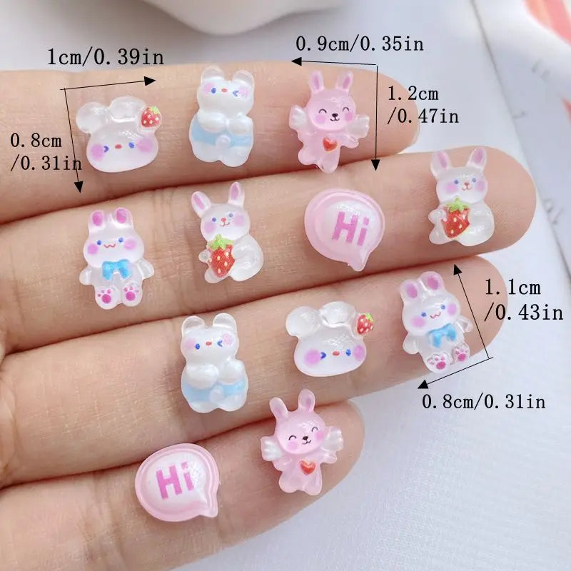bijoux ongles lapins fraises coeurs rubans adhésif mignon enfantin blanc rose bleu rouge vert