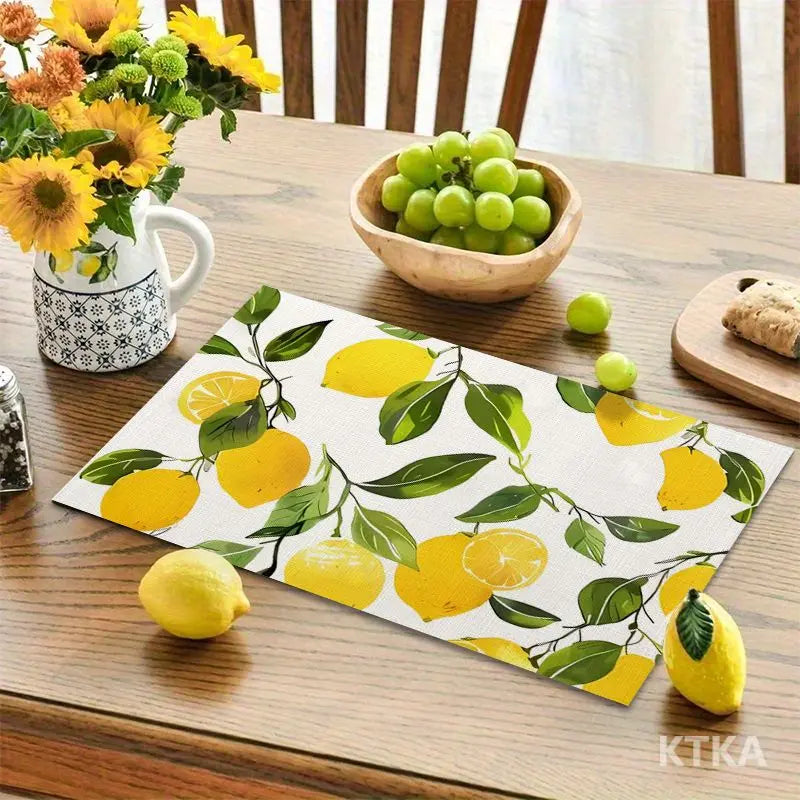 serviettes table blanc jaune automne citrons feuilles vertes fond blanc texture matDecoratorHomeUseSetOf4