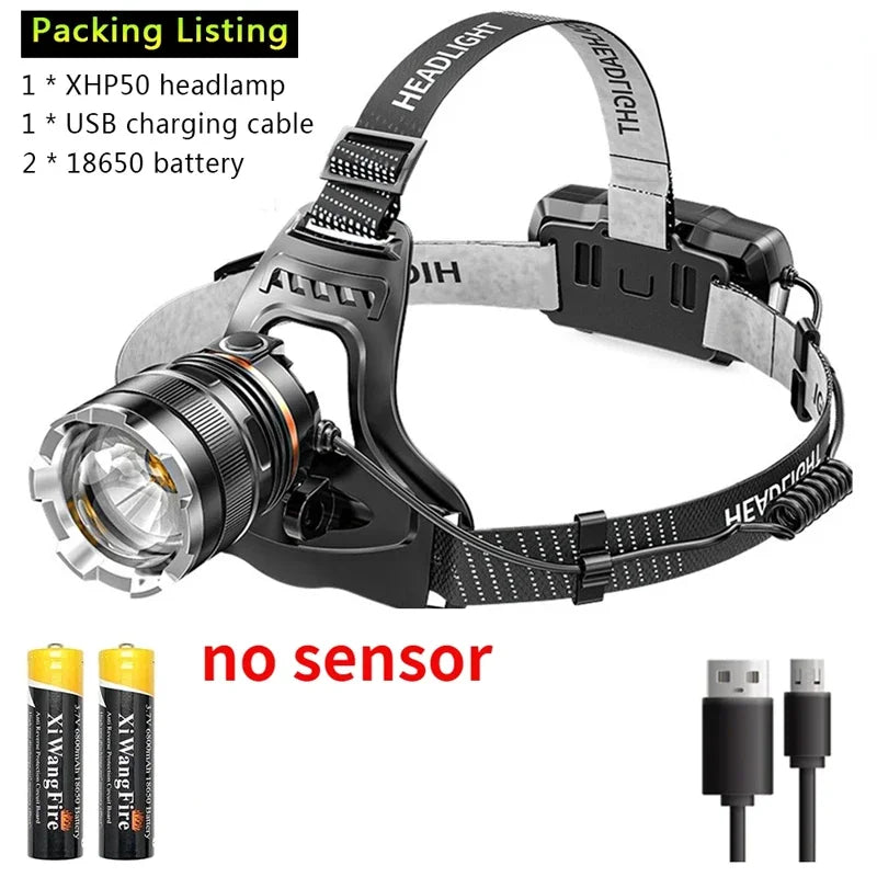 lampe frontale rechargeable led noir zoom ipx4 étanche mode sensor high low strobe camping
