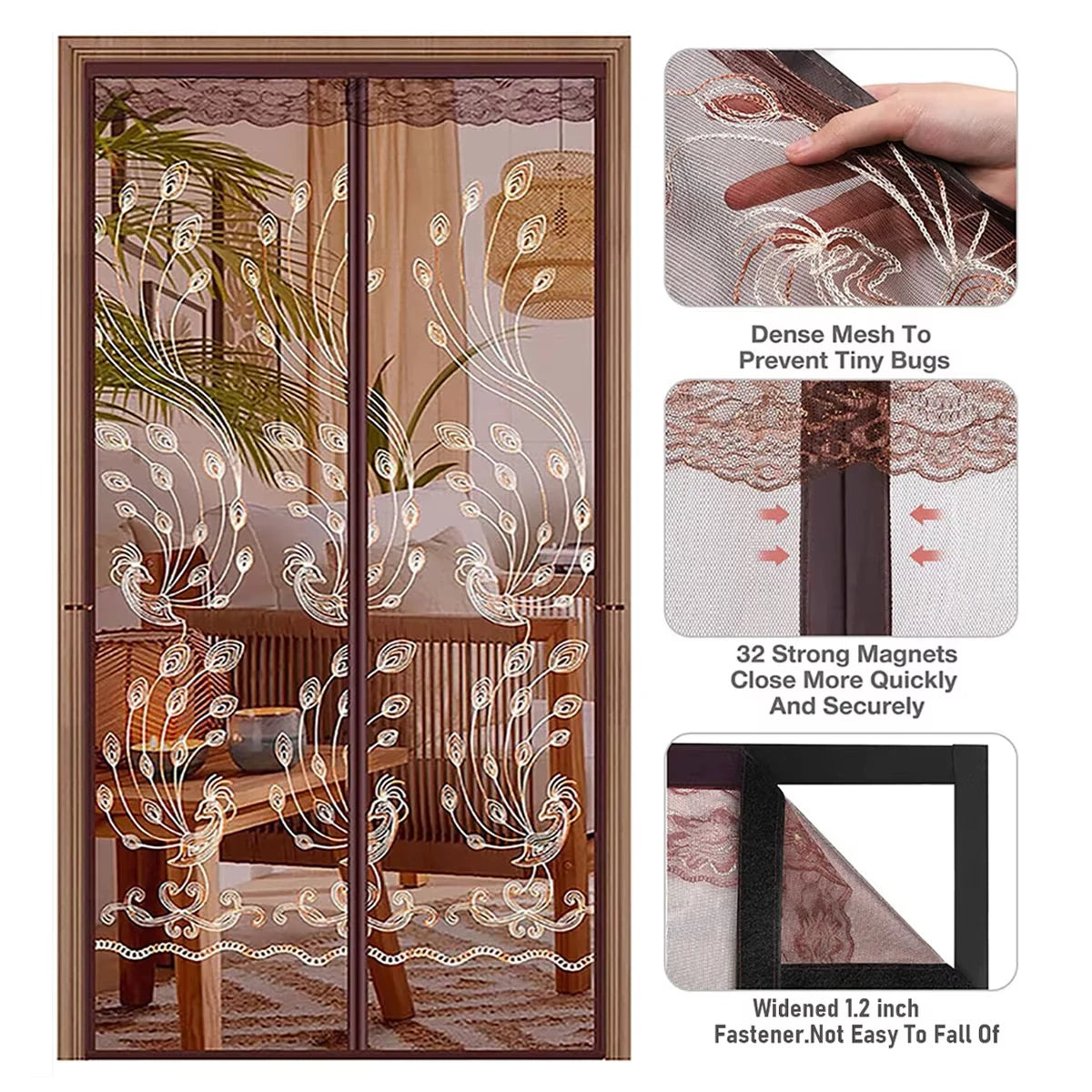 rideau magnétique adhésif marron clair motif floral moderne pinces pression