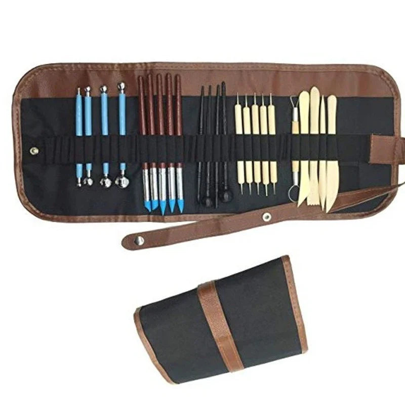 ensemble pinceaux outils céramique sculpture poignées bois métal pointes plastique transparent ergonomiques