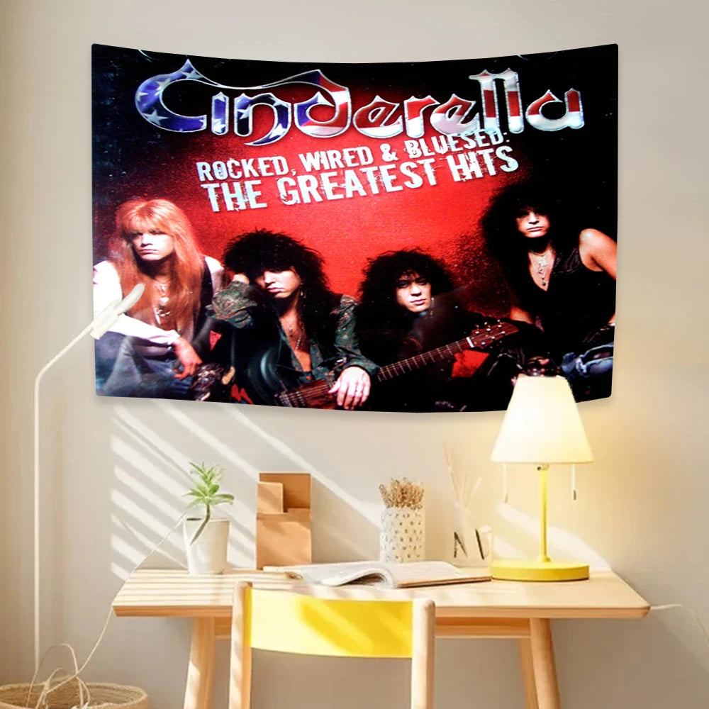 tapisserie vintage rock groupe musical Cinderella Nobody's Fool 1986 chambre noir blanc bleu rouge