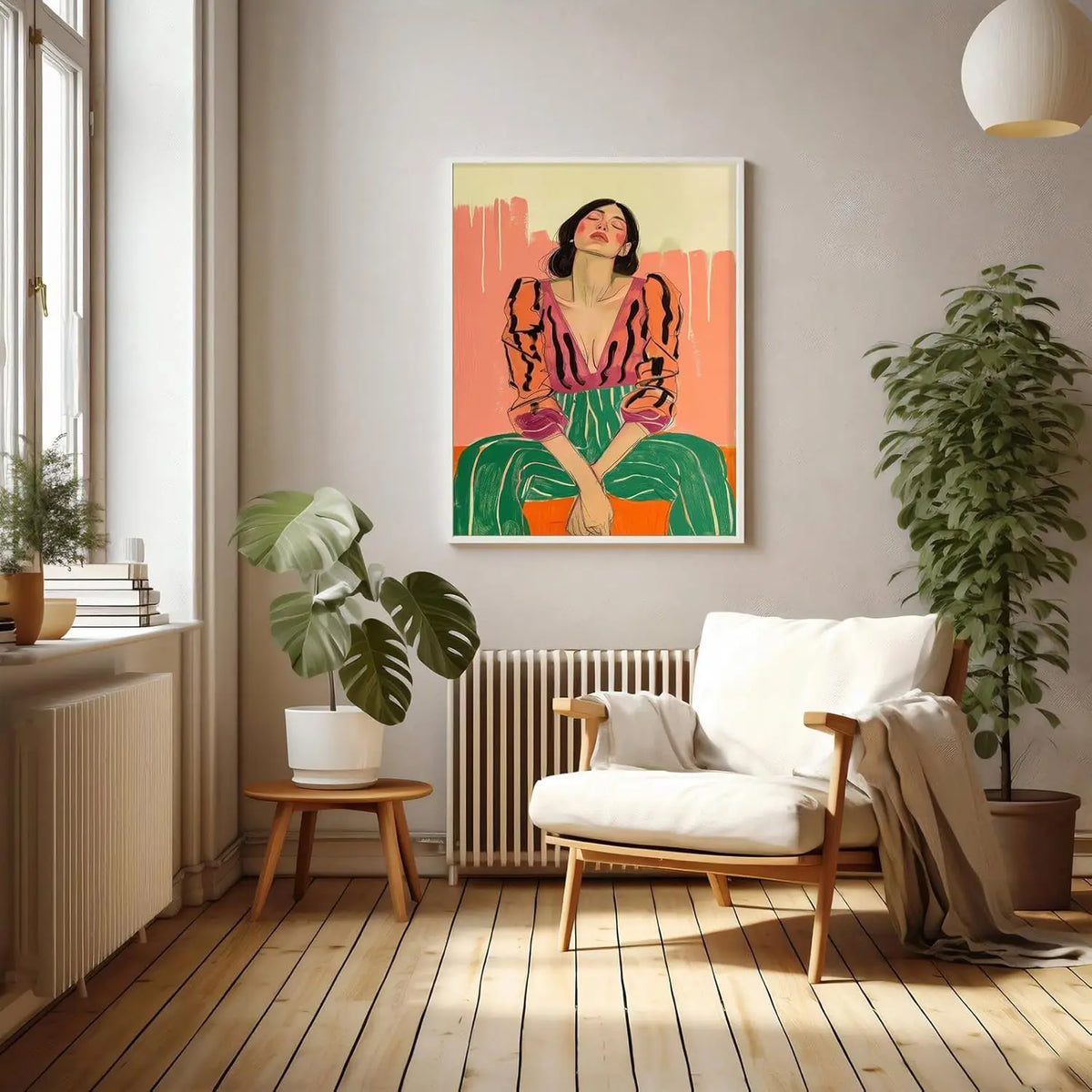 tableau abstrait moderne toile minimaliste orange vert rose beige lignes horizontales sans cadre