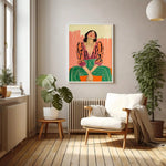 tableau abstrait moderne toile minimaliste orange vert rose beige lignes horizontales sans cadre